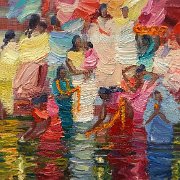 "Flowers Offering, Ganga River"  7" x 9" (19 x 24 cm) Oil on linen 2017